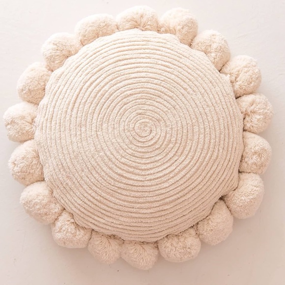 Round Cream Pillow with Pom Poms - Picture 5 of 6
